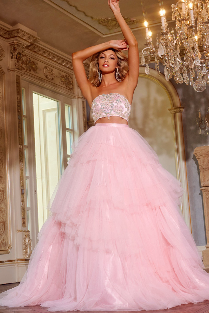 Jovani D5112 Tulle Beaded Layered Skirt Strapless Ball Gown