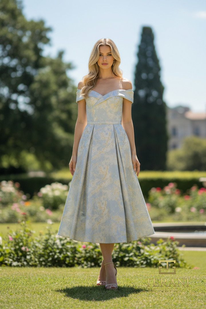 Terani Couture 261C6515 Jacquard Sleeveless Tea Length Gown