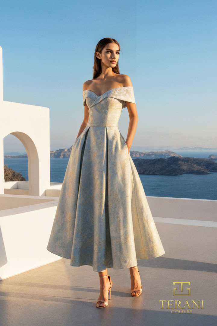 Terani Couture 261C6515 Jacquard Sleeveless Tea Length Gown