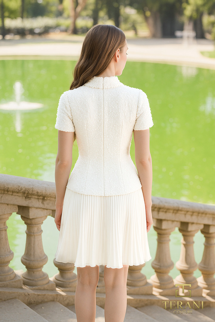 Terani Couture 261C6519 Tweed Chiffon Collar Short Dress