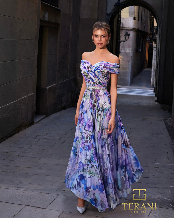 Terani Couture 261C6641 Chiffon Off Shoulder Tea Length Gown
