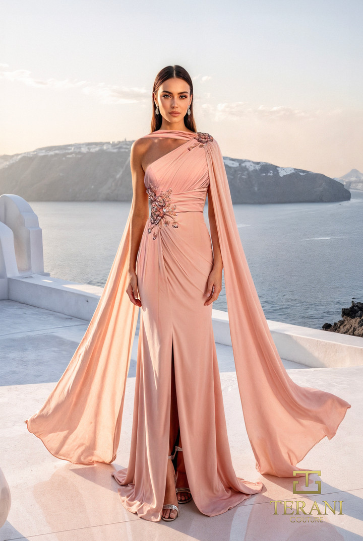 Terani Couture 261E6205 Chiffon One Shoulder Neck Long Gown