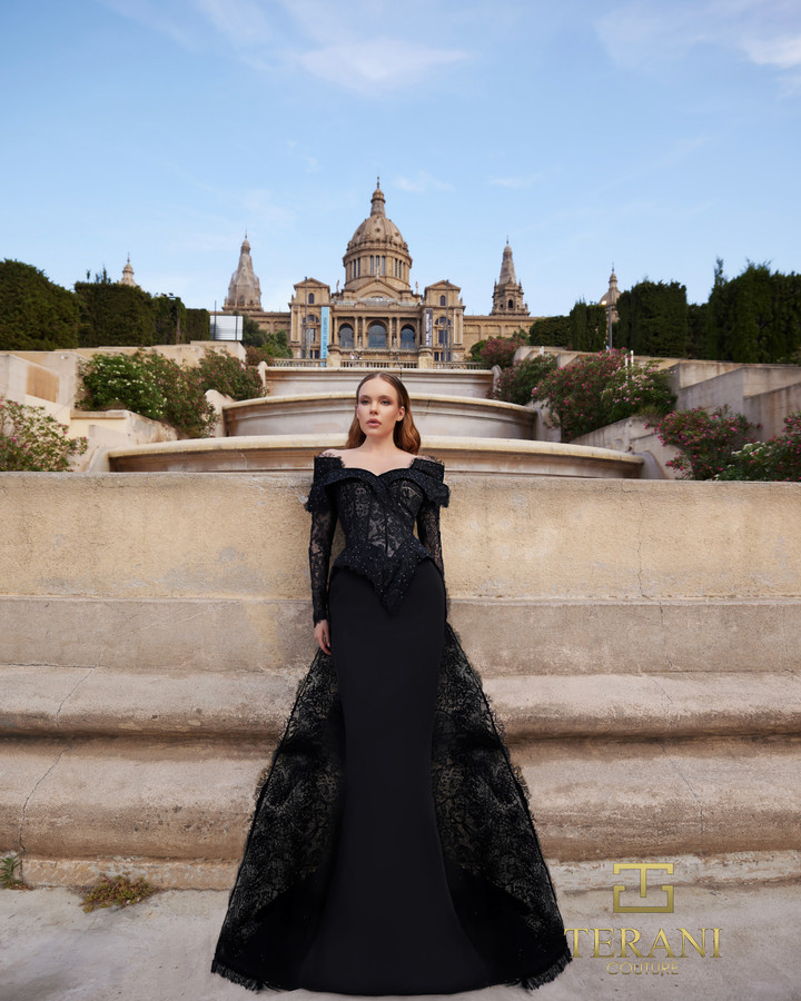 Terani Couture 261E6208 Lace Matte Satin Off Shoulder Gown