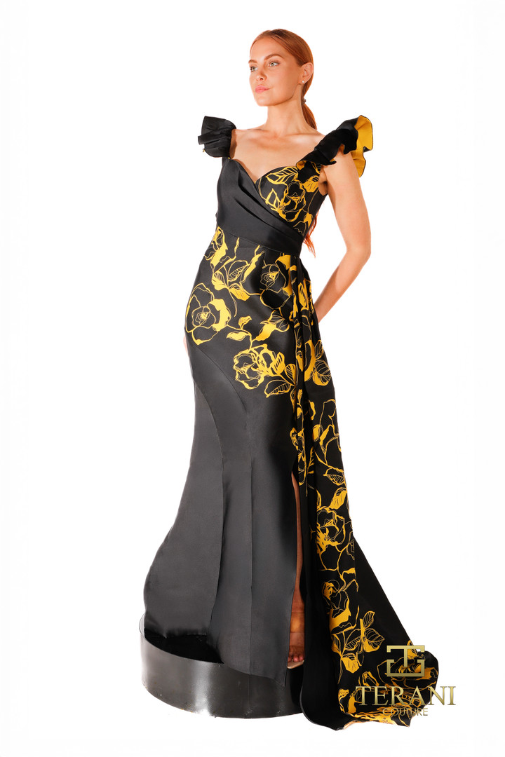 Terani Couture 261E6277 Print Mikado High Neck Long Gown