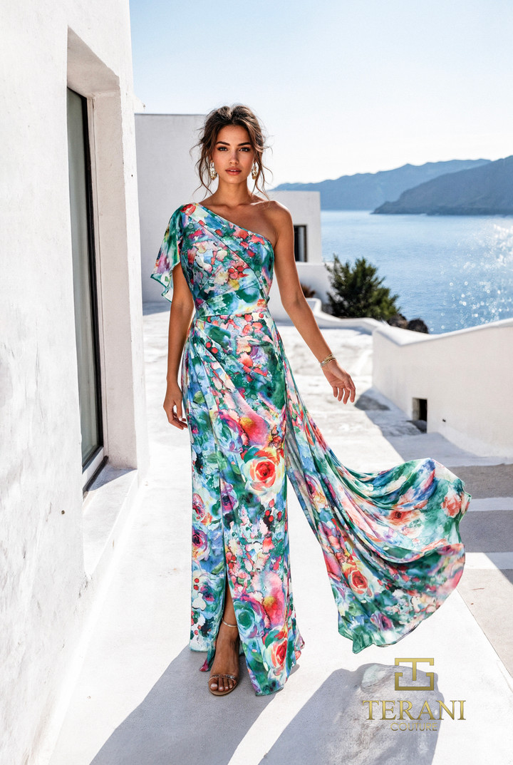 Terani Couture 261E6646 Printed Chiffon One Shoulder Gown