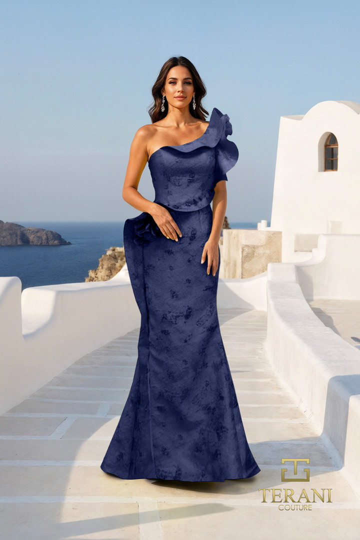 Terani Couture 261E6678 Jacquard Ruffled One Shoulder Gown