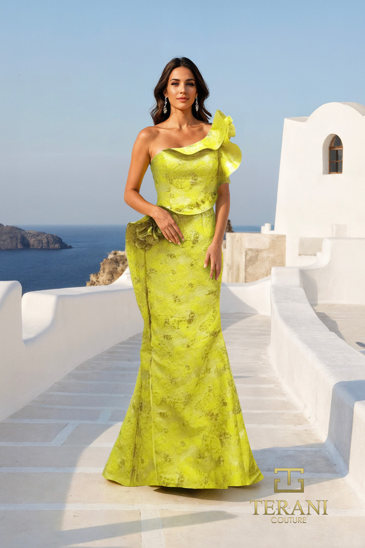 Terani Couture 261E6678 Jacquard Ruffled One Shoulder Gown