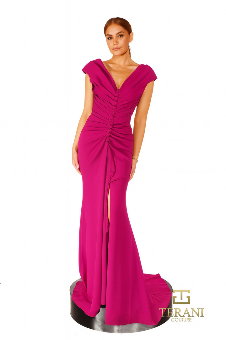 Terani Couture 261E6721 Crepe V-Neck Cap Sleeves Long Gown