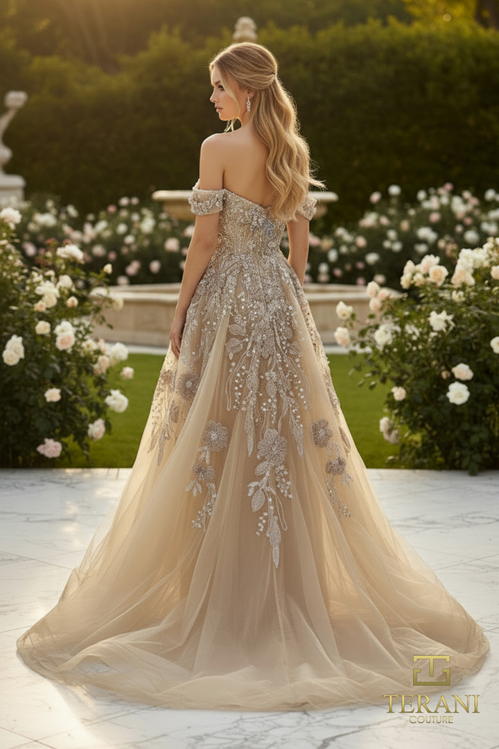 Terani Couture 261M6435 Beaded Tulle Off Shoulder Long Gown