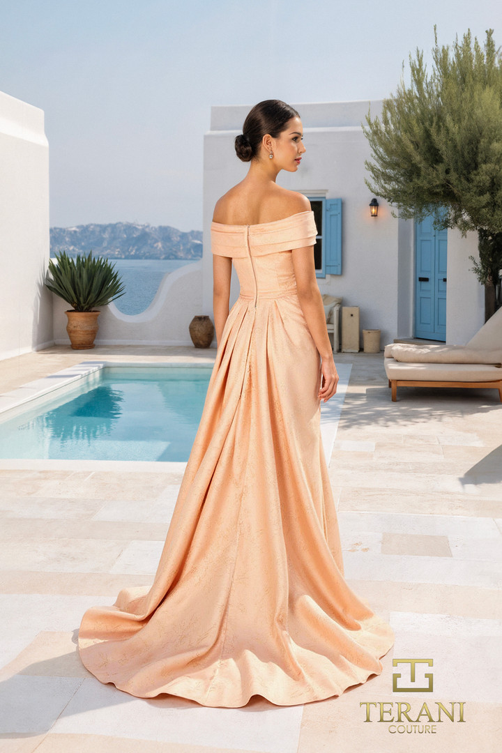 Terani Couture 261M6444 Jacquard Off Shoulder Long Gown