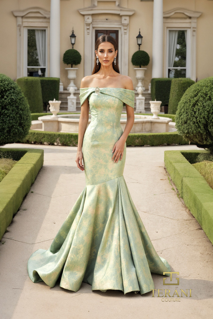 Terani Couture 261M6445 Brocade Off Shoulder Neck Long Gown