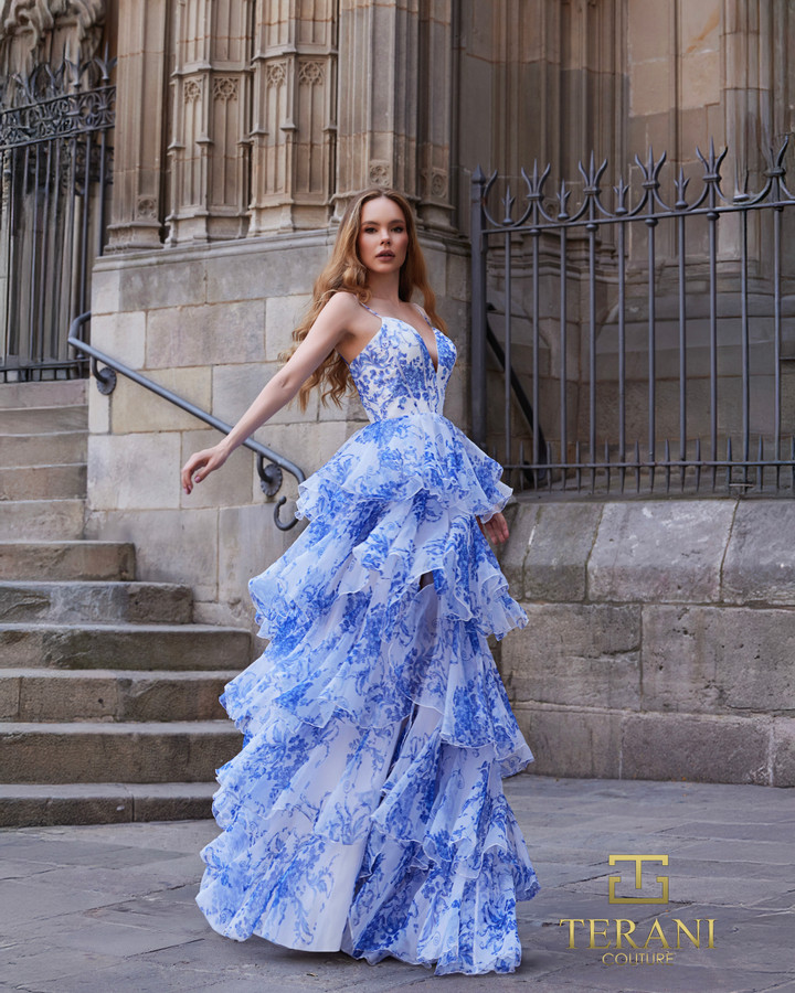 Terani Couture 261P6673 Print Chiffon High Low Ballgown