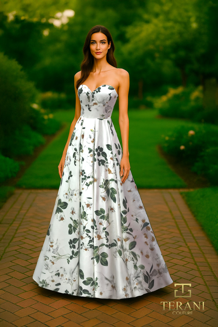 Terani Couture 261P6705 Print Satin Sweetheart Long Gown