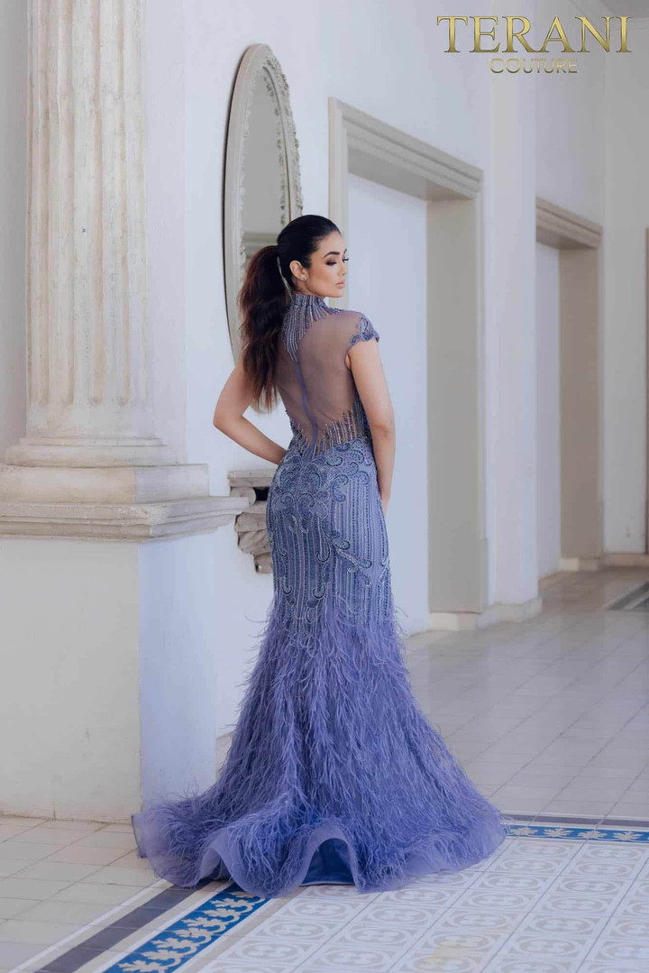 Terani Couture 1721GL4446 High Neck Cape Sleeve Long Dress