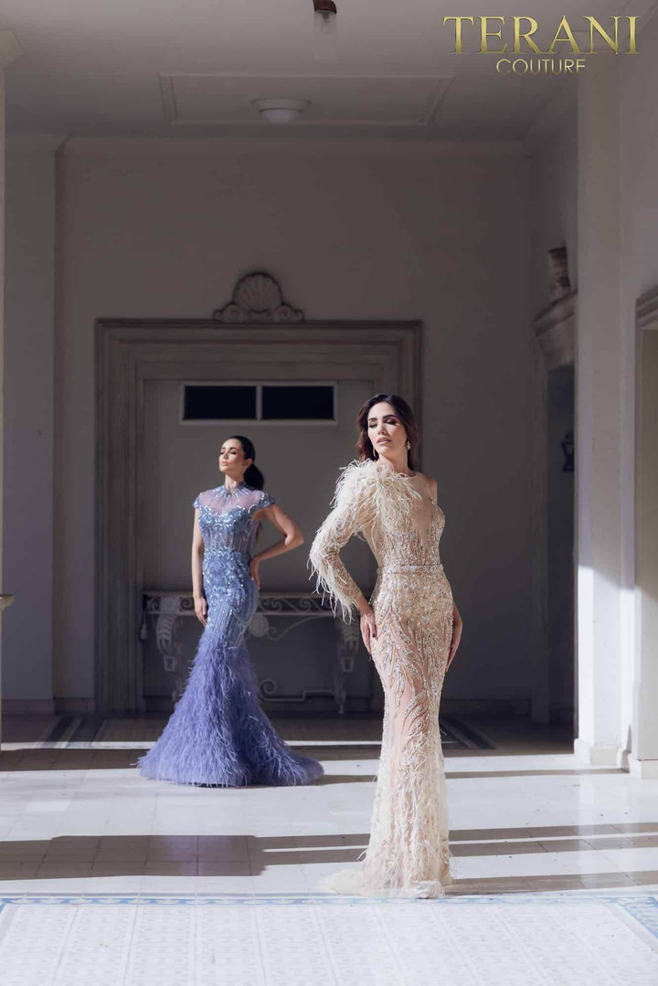 Terani Couture 1721GL4446 High Neck Cape Sleeve Long Dress