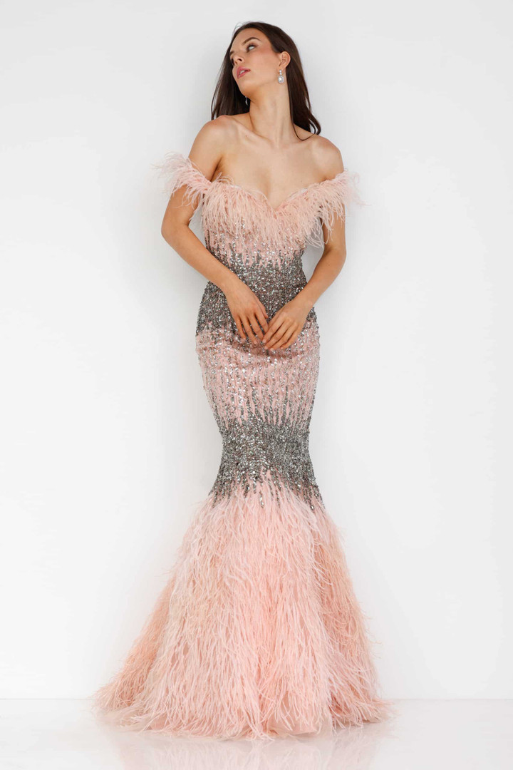 Terani Couture 1911GL9512 Feathers Fringed Bejeweled Gown