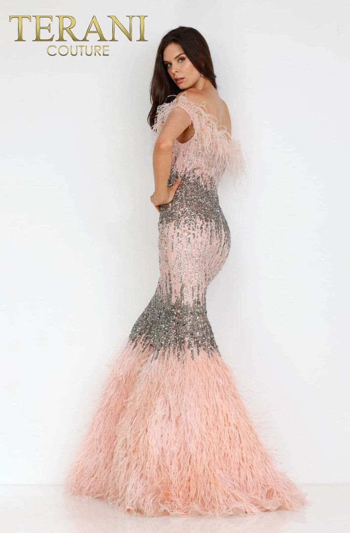 Terani Couture 1911GL9512 Feathers Fringed Bejeweled Gown