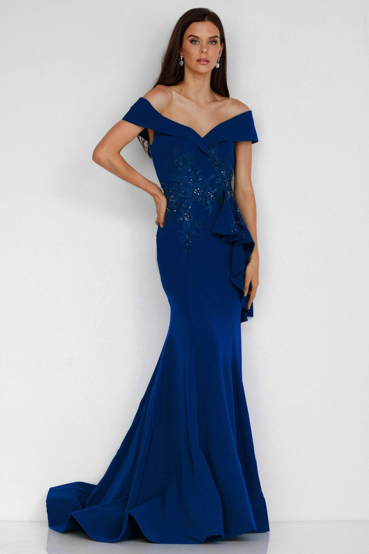 Terani Couture 1911M9339 Stretch Crepe Off-Shoulder Gown