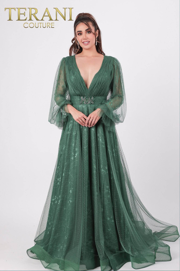 Terani Couture 1913M9414 Deep V-Neck Long Sleeve Long Dress