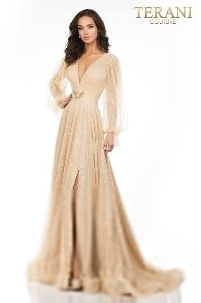 Terani Couture 1913M9414 Deep V-Neck Long Sleeve Long Dress