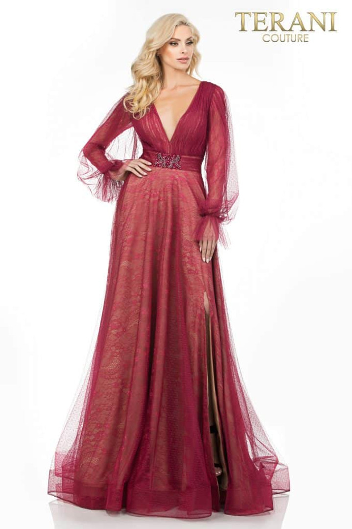 Terani Couture 1913M9414 Deep V-Neck Long Sleeve Long Dress