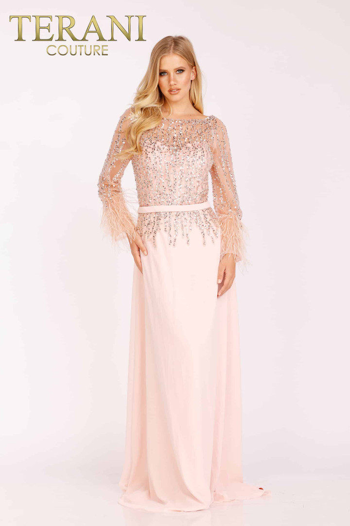 Terani Couture 1921M0473 Chiffon Feather Long Sleeves Gown