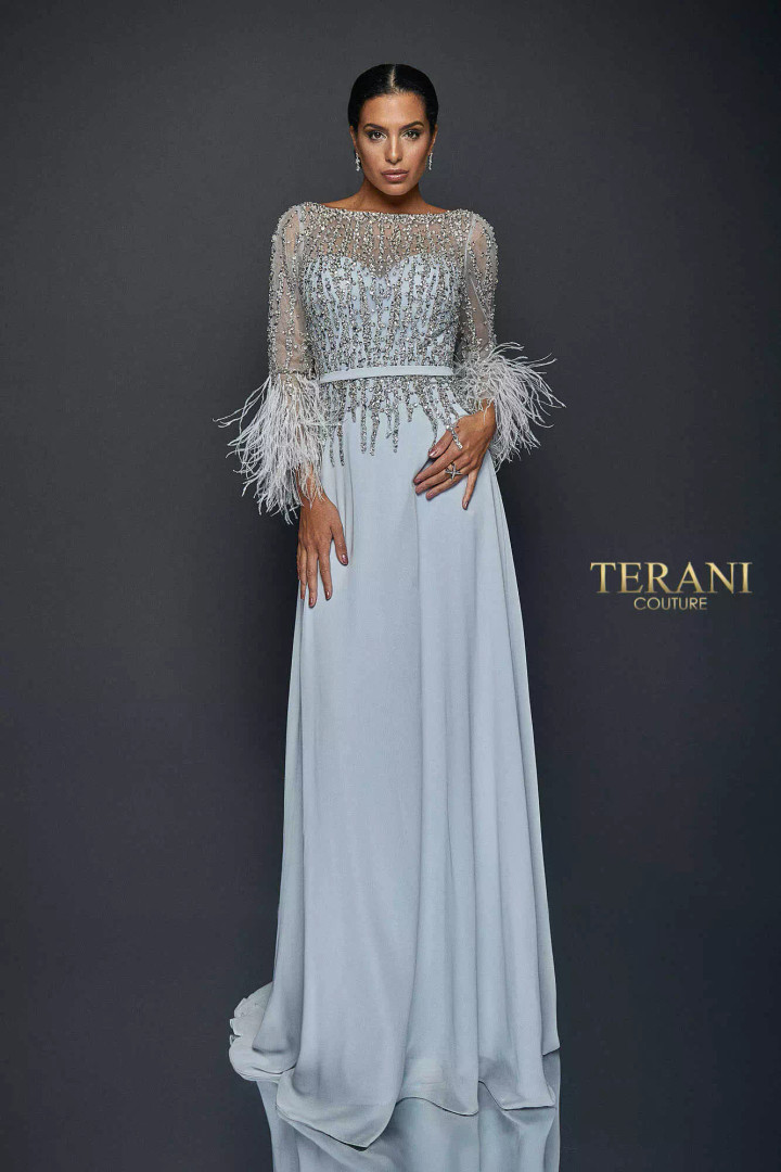 Terani Couture 1921M0473 Chiffon Feather Long Sleeves Gown