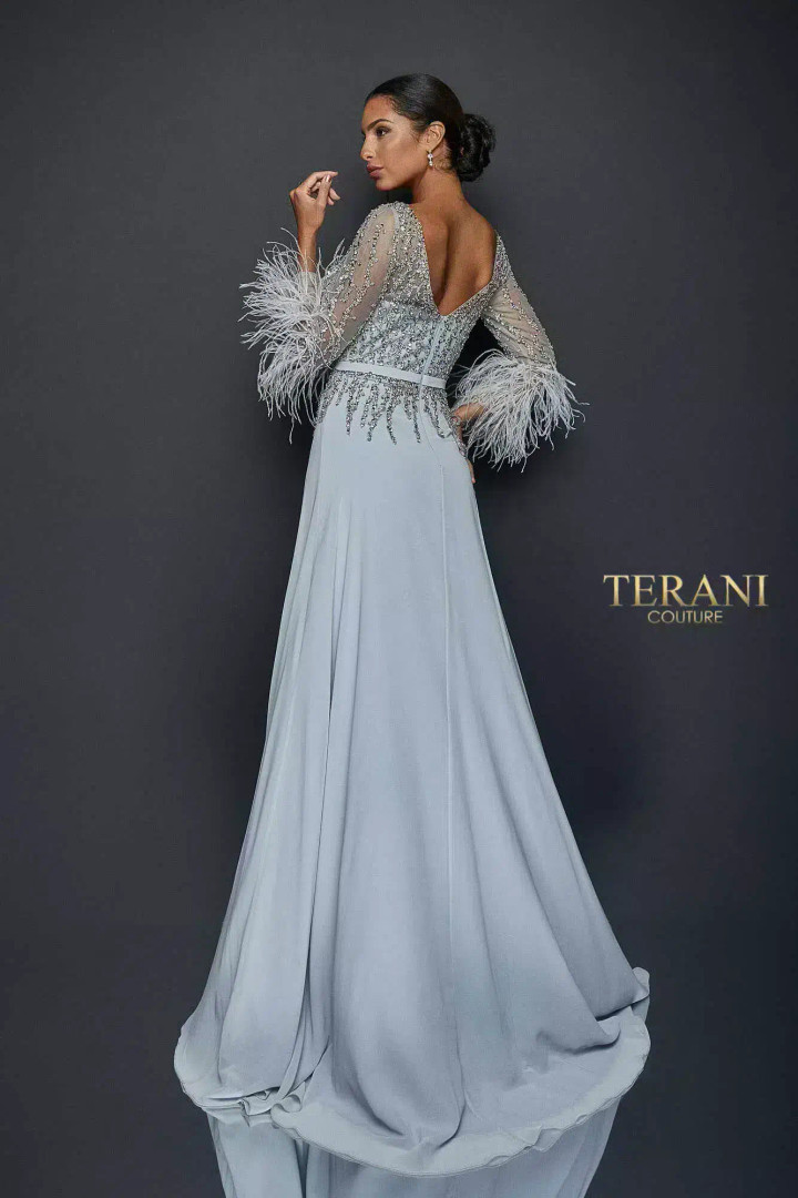 Terani Couture 1921M0473 Chiffon Feather Long Sleeves Gown