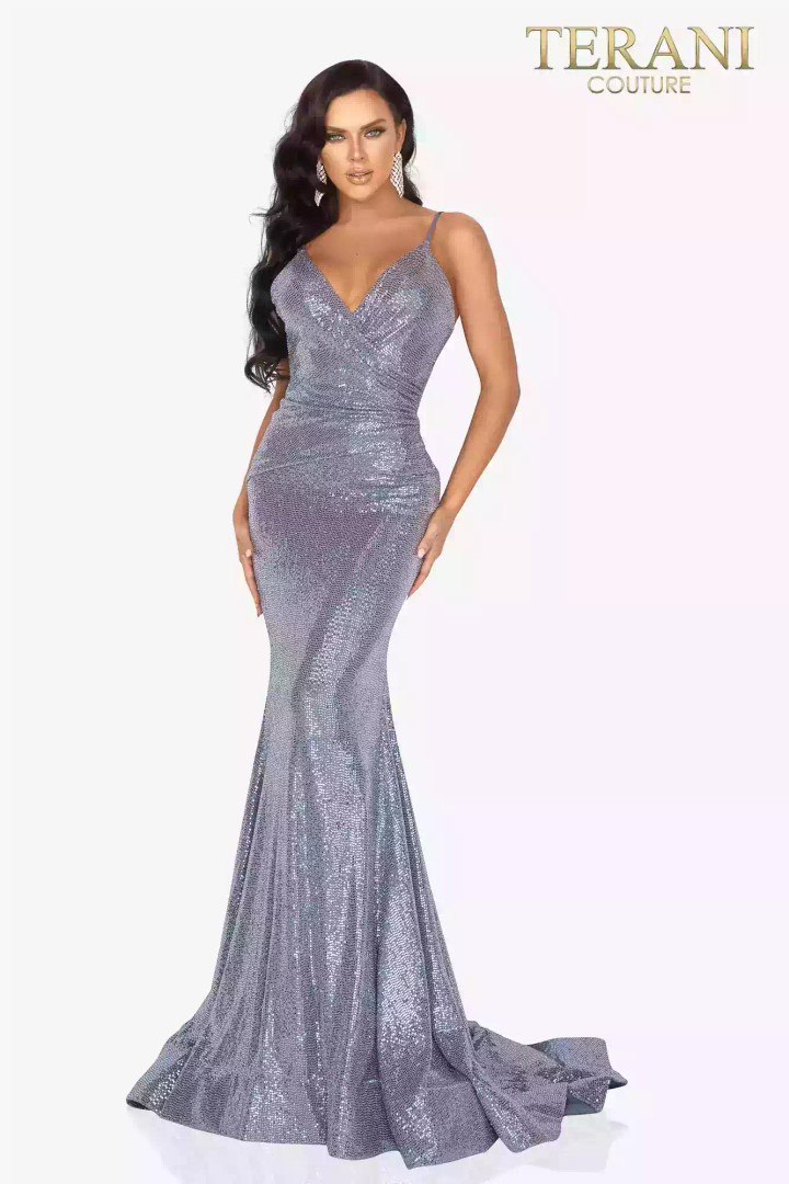 Terani Couture 2011P1032 Metallic Disco Dot V-Neck Dress