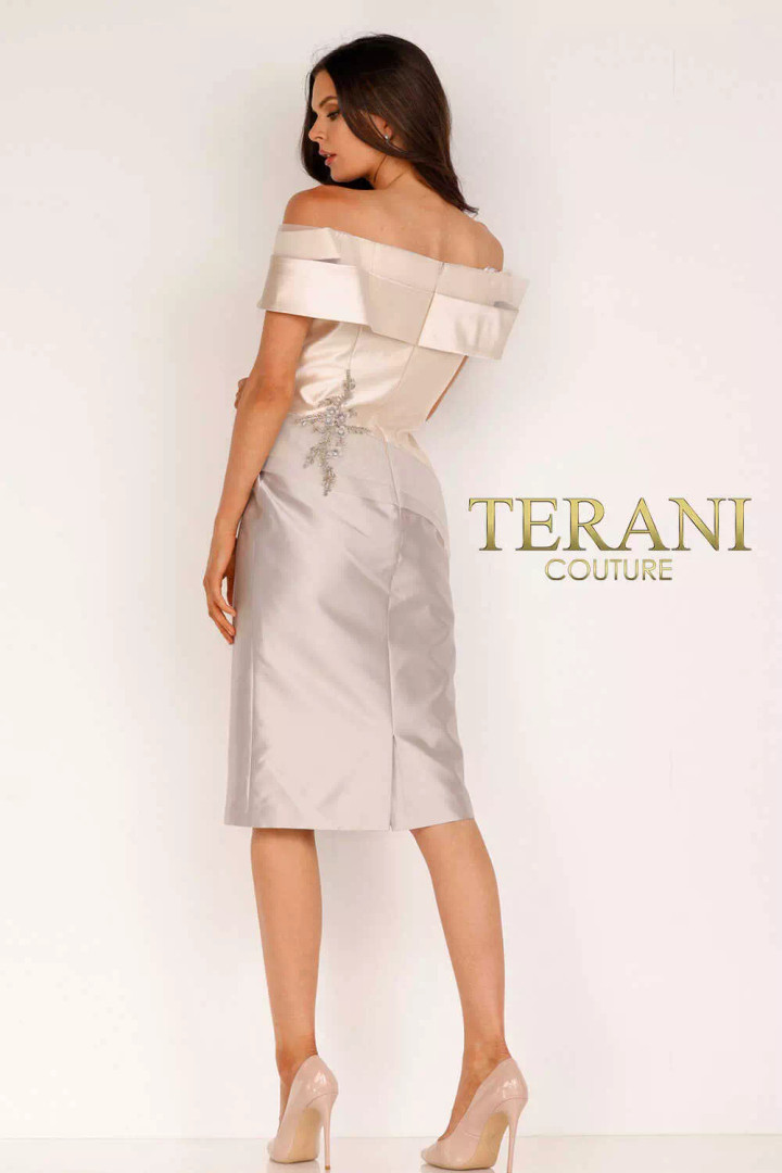 Terani Couture 2111C4560 Off-shoulder Neck Knee Length Dress