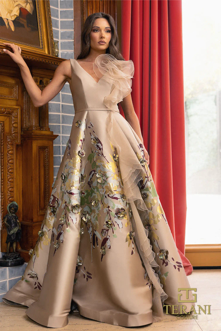 Terani Couture 242M3369 Printed Jacquard Sleeveless Ballgown