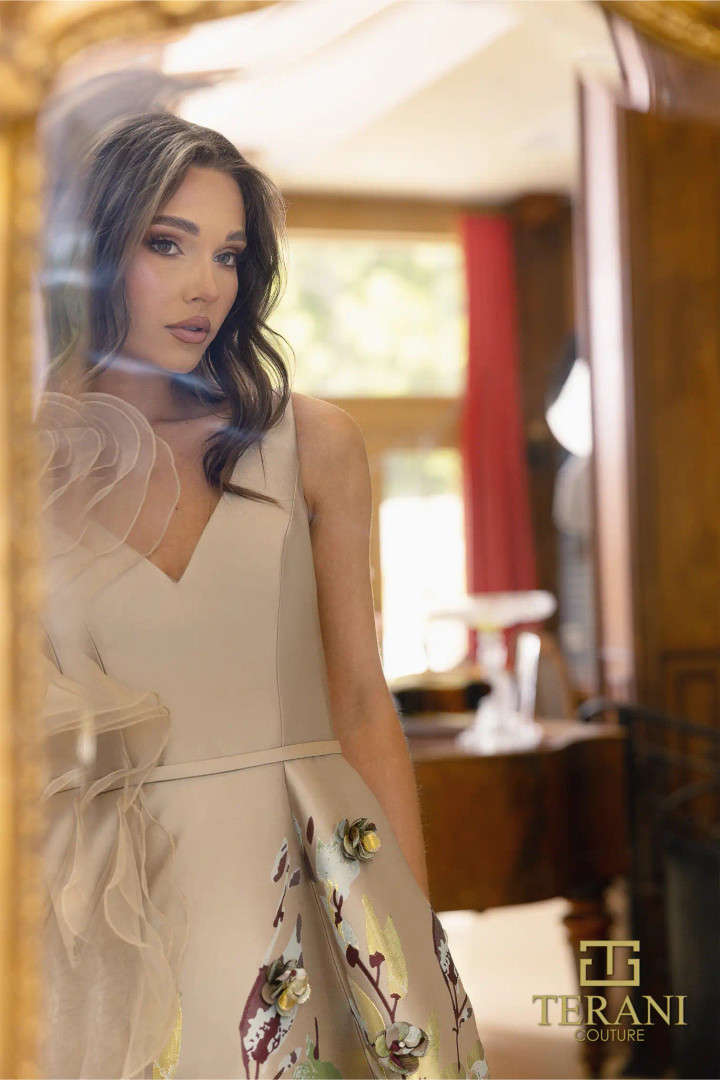 Terani Couture 242M3369 Printed Jacquard Sleeveless Ballgown
