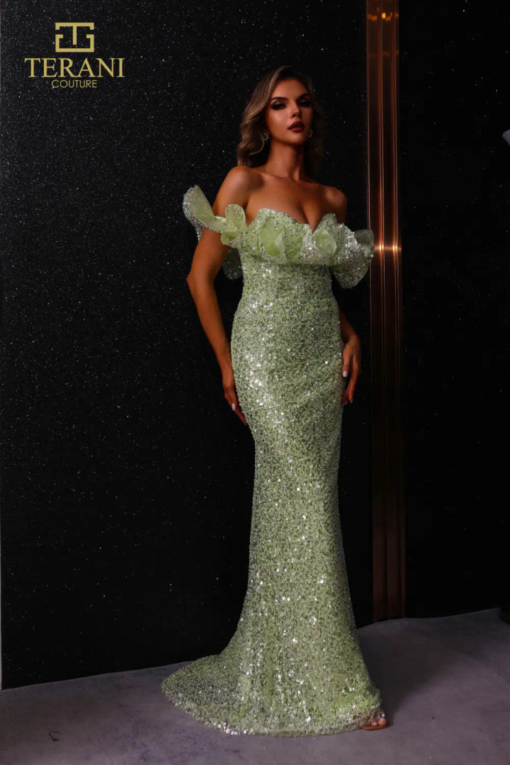 Terani Couture 251E4330 Beaded Tulle Off The Shoulder Dress