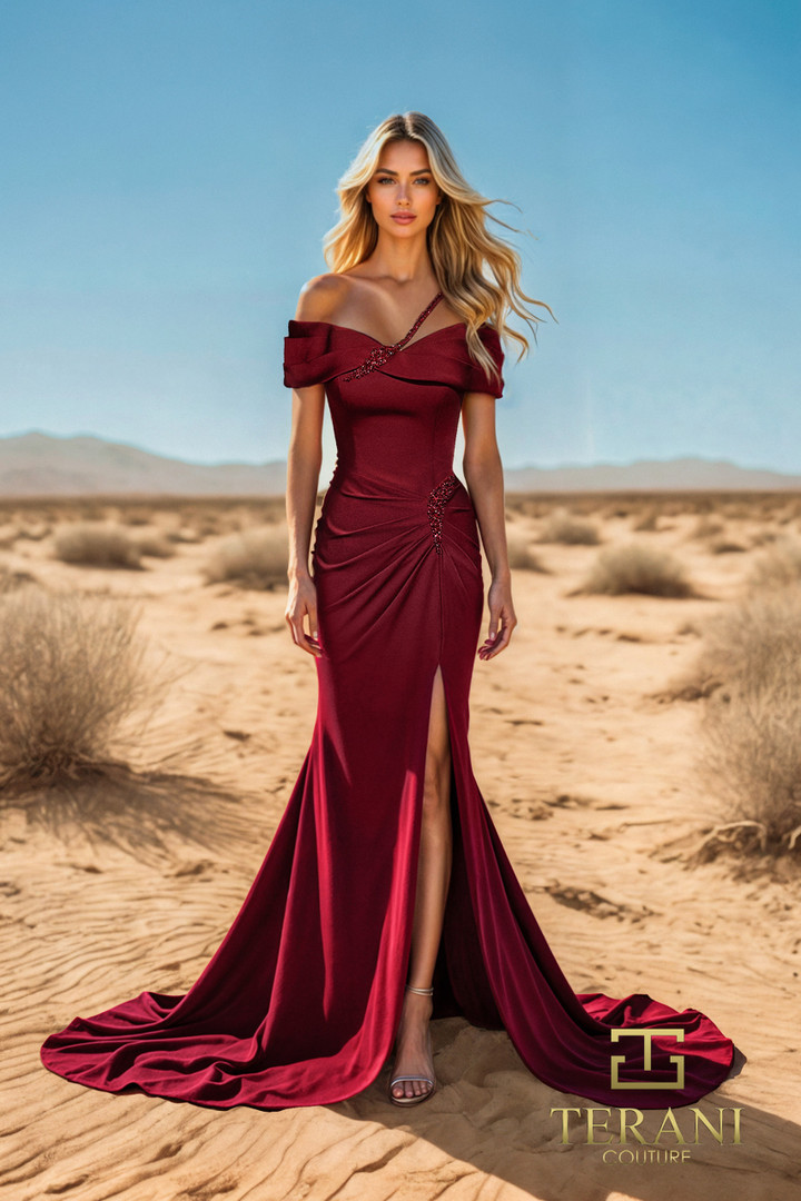 Terani Couture 251E4587 Satin Off The Shoulder Sleeve Dress