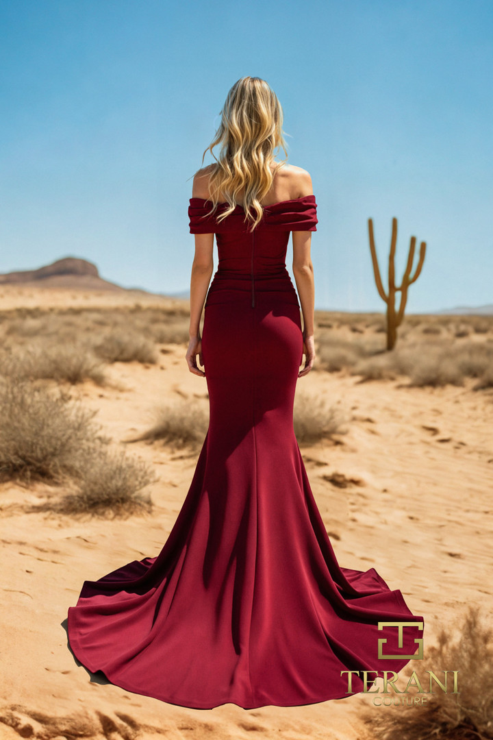 Terani Couture 251E4587 Satin Off The Shoulder Sleeve Dress