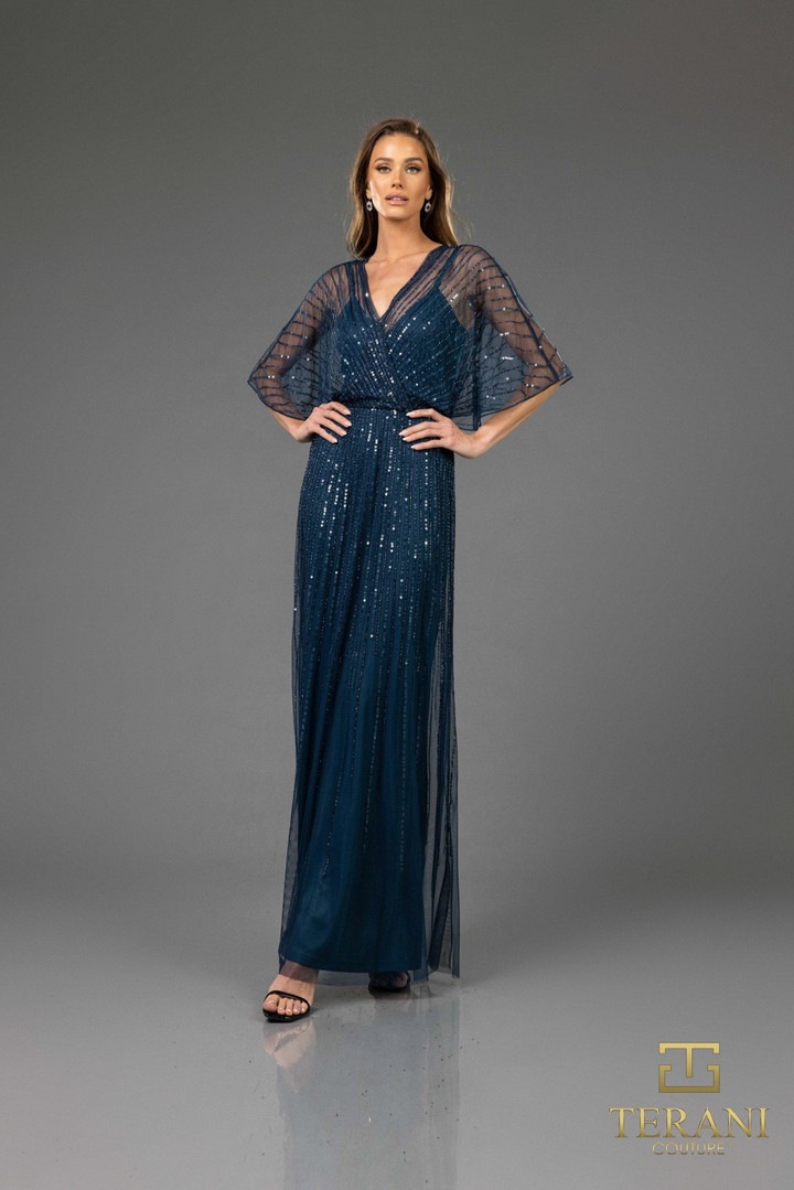 Terani Couture 251M4613 Sequin V-neck Raglan Sleeves Dress
