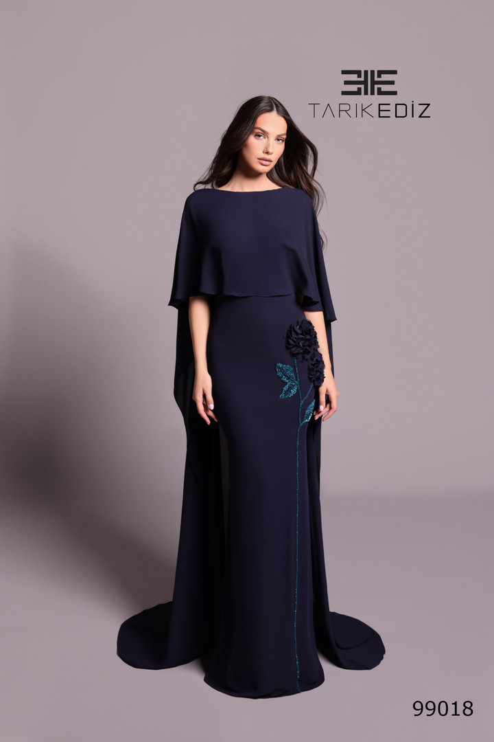 Tarik Ediz 99018 Embellished Bateau Neck Cape Overlay Gown