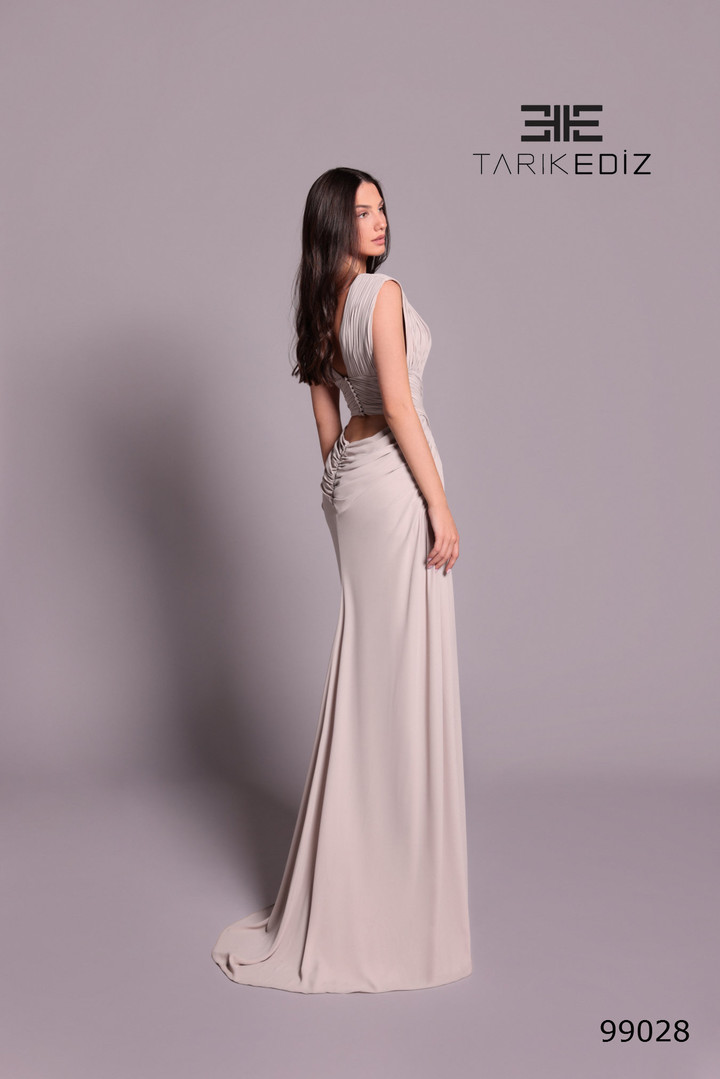 Tarik Ediz 99028 Crepe Plunging V-Neck Cap Sleeves Dress