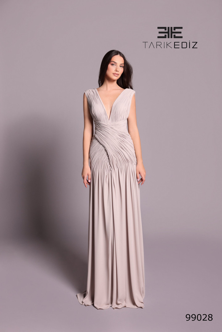Tarik Ediz 99028 Crepe Plunging V-Neck Cap Sleeves Dress