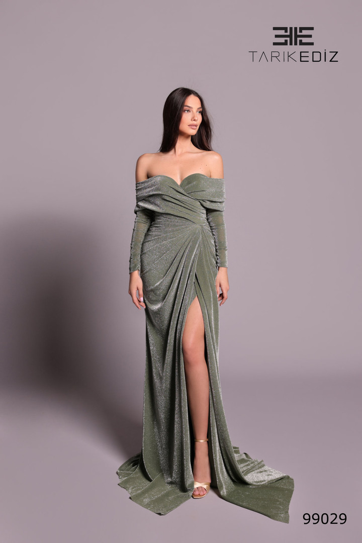 Tarik Ediz 99029 Jersey Off Shoulder Long Sleeve Long Dress