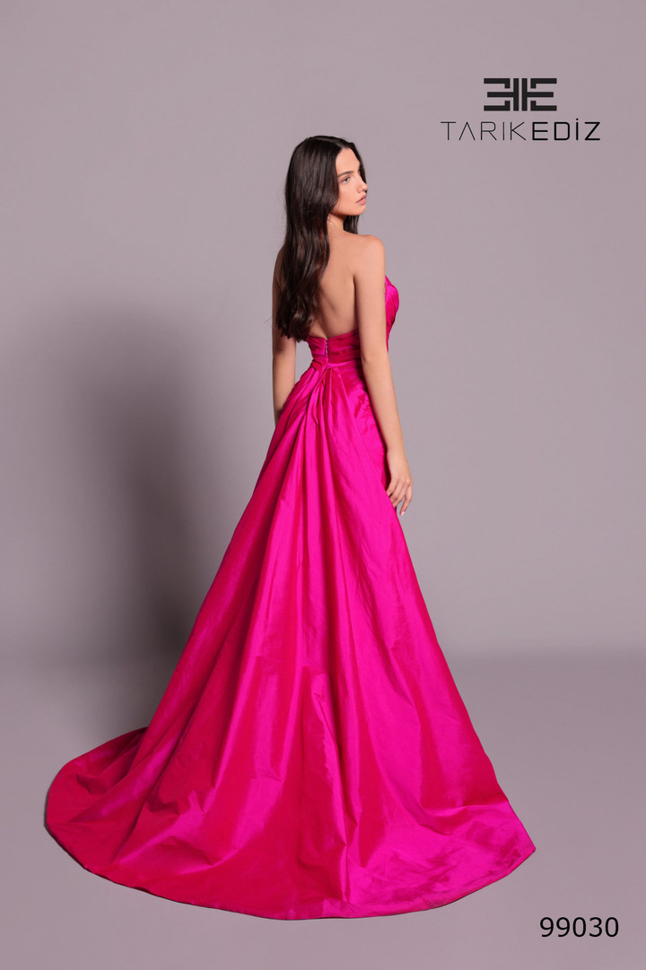 Tarik Ediz 99030 Taffeta Deep V-Neck Strapless Ruched Dress