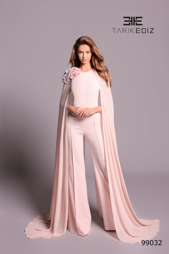 Tarik Ediz 99032 Crepe Cape Sleeves Wide-Leg Pants Jumpsuit