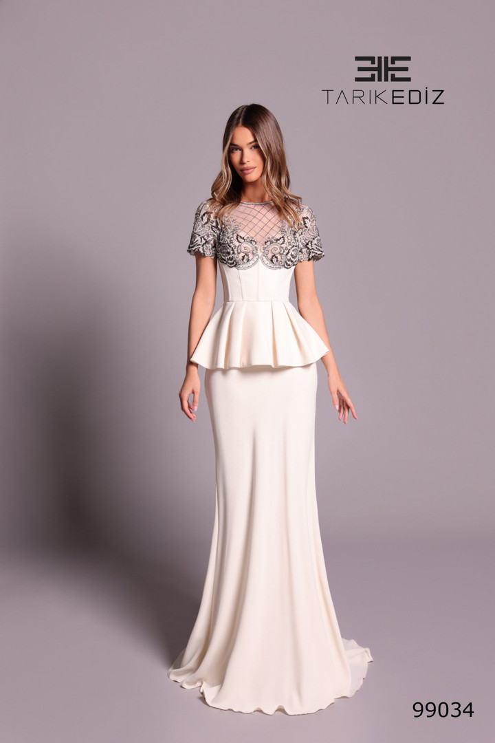 Tarik Ediz 99034 Crepe Jewel Neckline Short Sleeves Dress