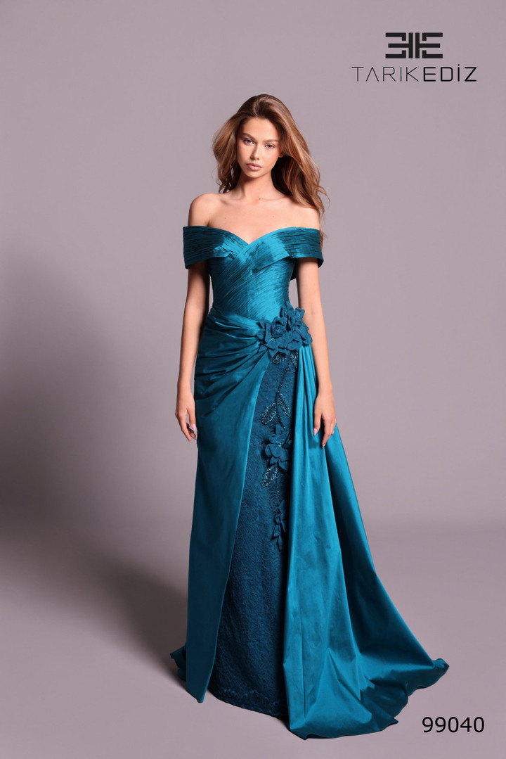 Tarik Ediz 99040 Taffeta Lace Embroidered Off-Shoulder Gown