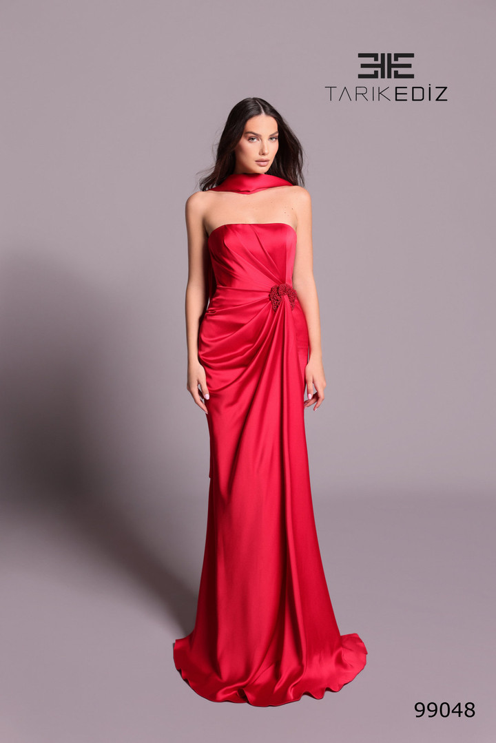Tarik Ediz 99048 Satin Straight Neck Strapless Sheath Dress