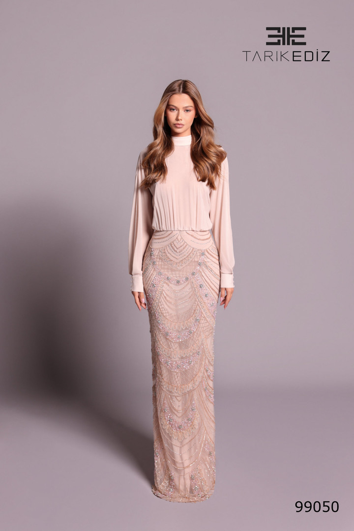Tarik Ediz 99050 Chiffon Embroidery High Neck Column Gown