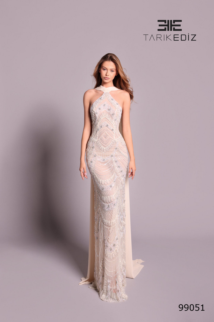 Tarik Ediz 99051 Embroidery Beaded Halter Sleeveless Gown