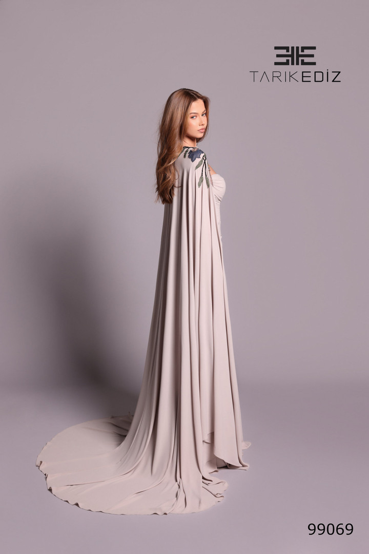 Tarik Ediz 99069 Crepe Beaded Cape Sweetheart Neckline Dress