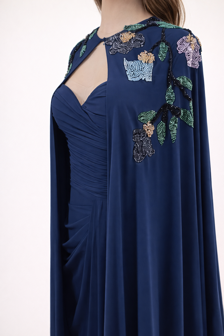 Tarik Ediz 99069 Crepe Beaded Cape Sweetheart Neckline Dress