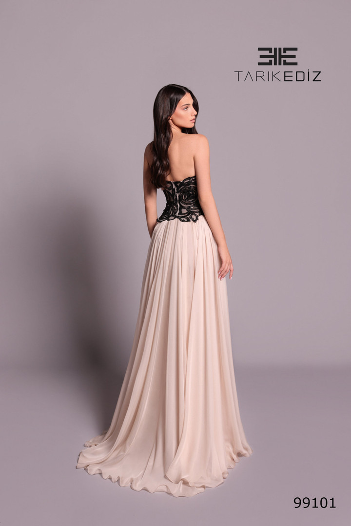 Tarik Ediz 99101 Chiffon Lace Asymmetric Neck Strapless Gown